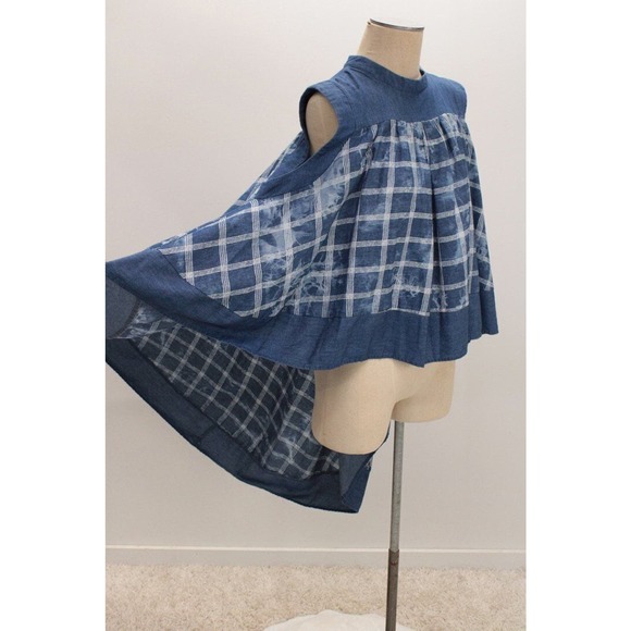 For Her NYC Blouse Top XL High Low Hem Chambray Blue Tie Dyed Plaid Cape-like - Picture 5 of 9